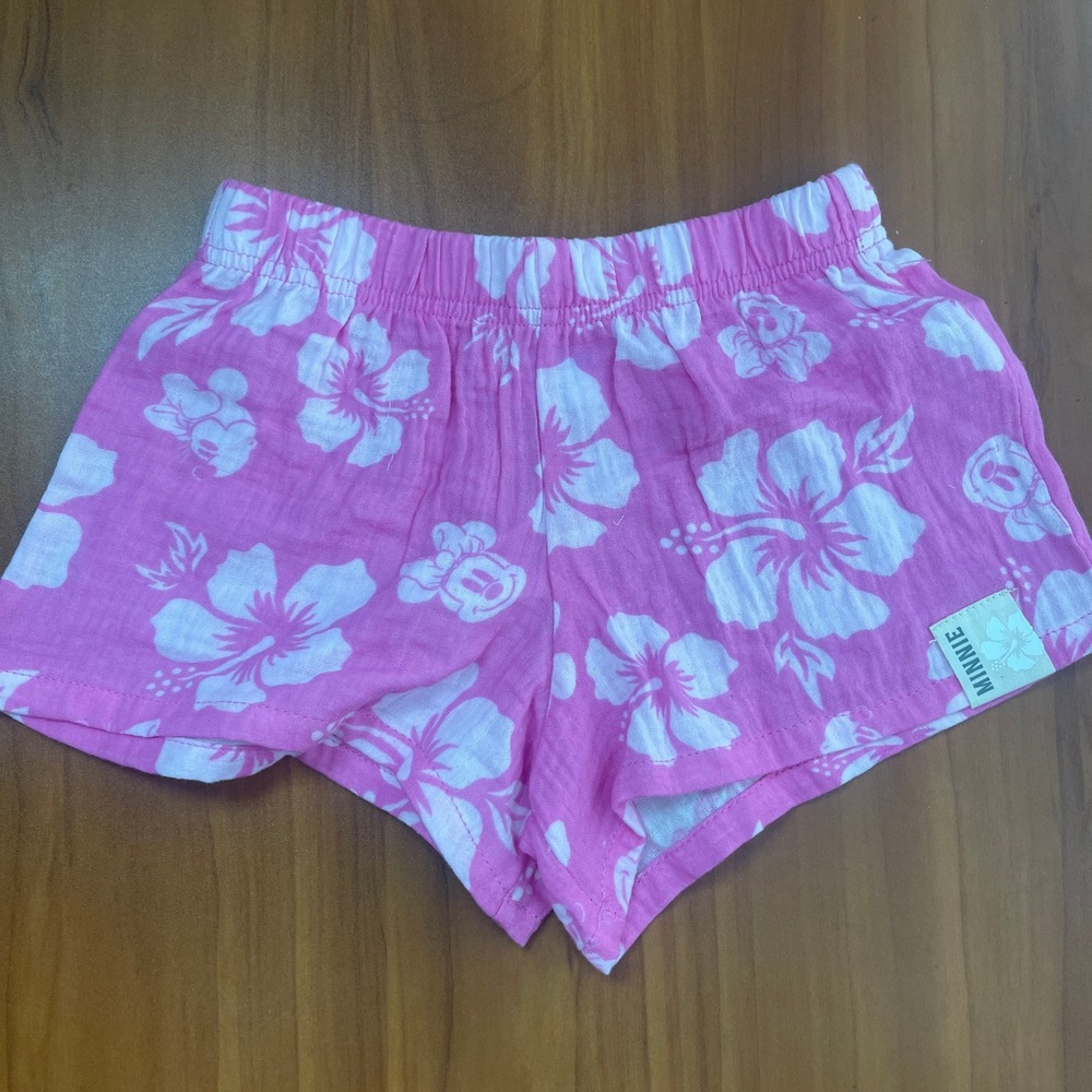 Disney Minnie Mouse Girls Pink Hibiscus Floral Cotton Gauze Shorts Large 10/12